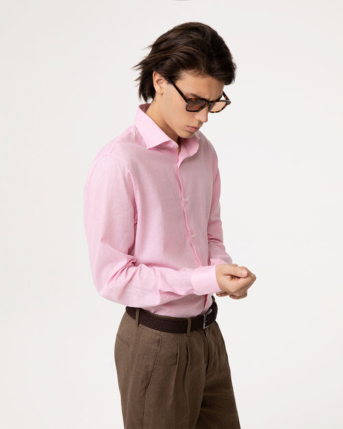 Camicia rosa in lino con colletto classico, PINK
