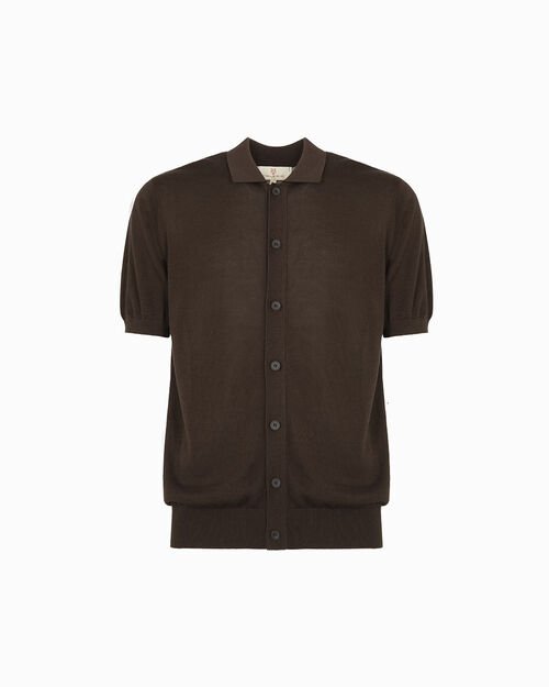 Maglione cardigan marrone con colletto a polo, BROWN