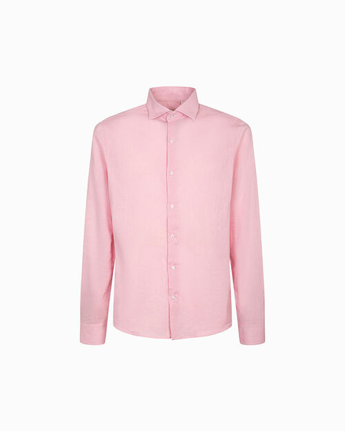 Camicia rosa in lino con colletto classico, PINK