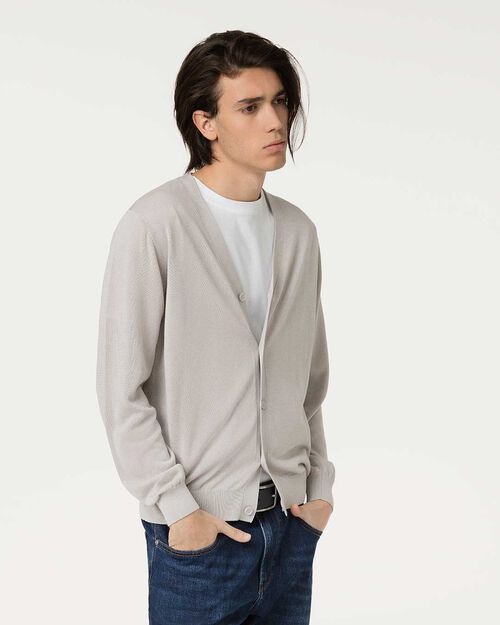 Cardigan beige con colletto a v, BEIGE