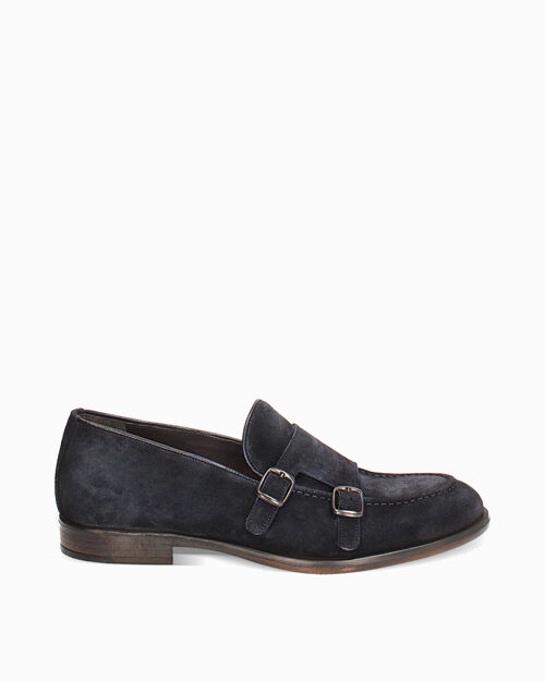 Mocassini da uomo con doppia fibbietta in camoscio blu, BLUE
