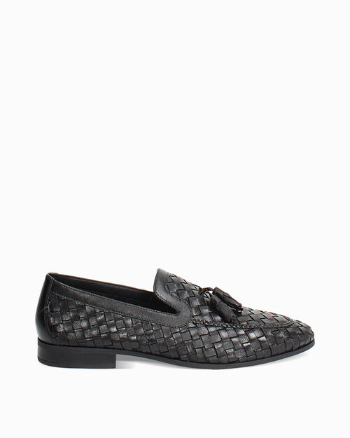 Mocassino nero intrecciato con nappine, BLACK